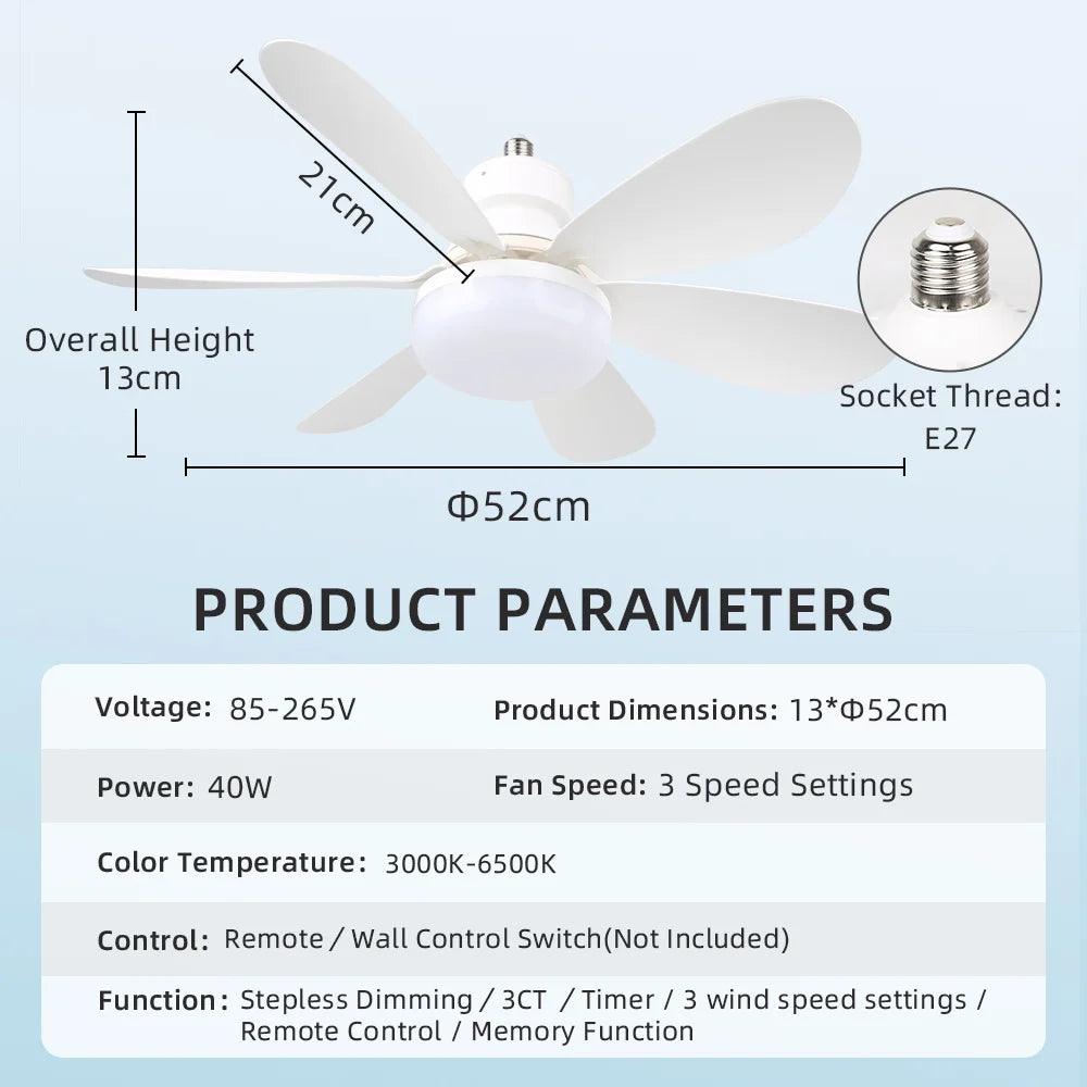 Modern E27 LED Ceiling Fan Light with Remote Control